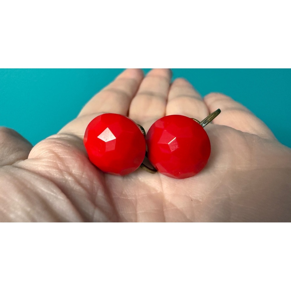 Vintage West Germany Earrings Red Faceted Dome Screw Back Retro MCM 1950s Style